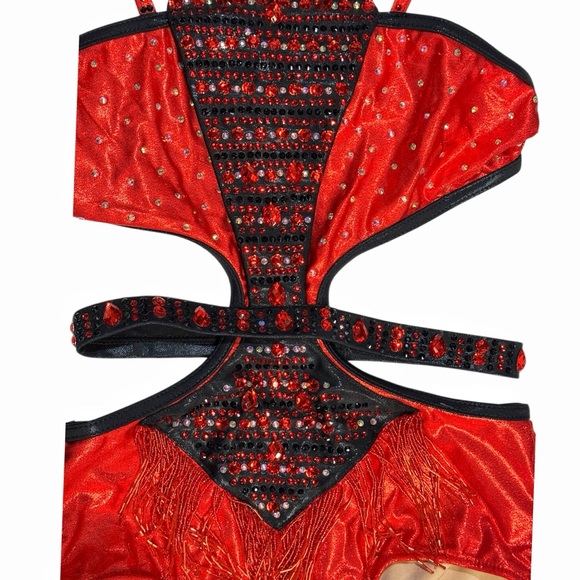 Glamour Costumes | Red and Black One Piece Dance Costume Cut Outs Fringe LA - Picture 3 of 5